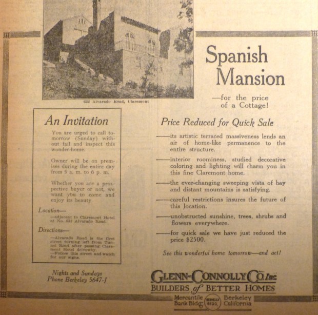 Among the city's many alluring real estate offerings advertised in the Berkeley Daily Gazette a century ago was this stately Spanish Revival home above the Claremont Hotel on Alvarado Road that still stands today. (photo courtesy of the Berkeley History Society and Museum)