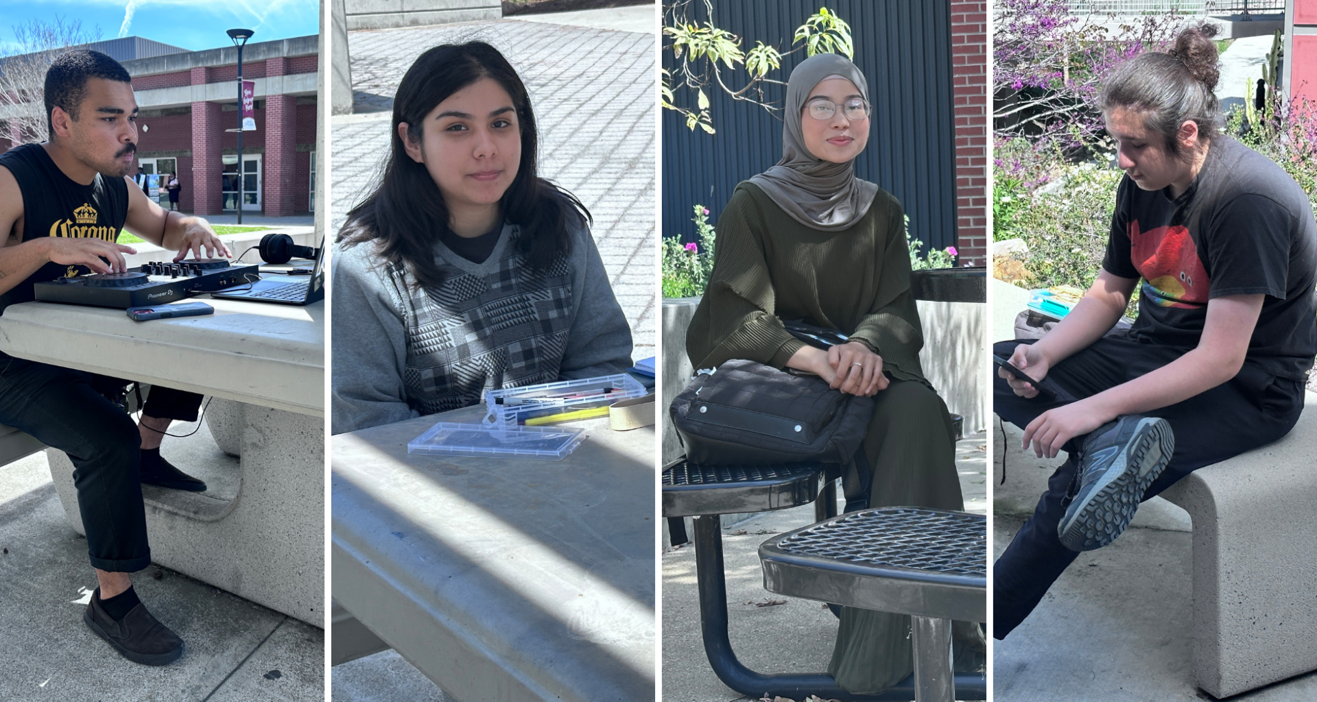 City College students Isiah Woods, far left, Kaitlyn Gonzalez, left center, Pree Bee, right center, and Truman Stevens-Luzich, right, sit around Curran Plaza, Tuesday, March 17, 2025. Photos by Treasean Osgood/City Times Media