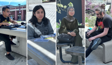 City College students Isiah Woods, far left, Kaitlyn Gonzalez, left center, Pree Bee, right center, and Truman Stevens-Luzich, right, sit around Curran Plaza, Tuesday, March 17, 2025. Photos by Treasean Osgood/City Times Media