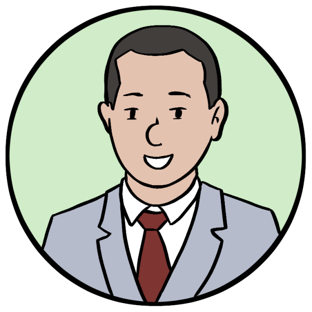 Illustration of a smiling person with short dark hair wearing a light gray suit, white shirt, and red tie, set against a light green circular background.