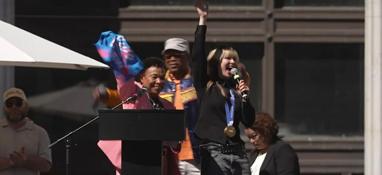 Pool via ABC News - PHOTO: In this screen grab from a video, Alysa Liu speas at a rally in her honor in Oakland, Calif., on March 12, 2026.