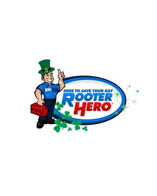 Rooter Hero logo featuring a cartoon plumber in a blue uniform and green leprechaun hat giving a thumbs-up, holding a red toolbox, standing next to an oval logo that reads “Here to Save Your Day – Rooter Hero,” decorated with green shamrocks and sparkles on a black background.