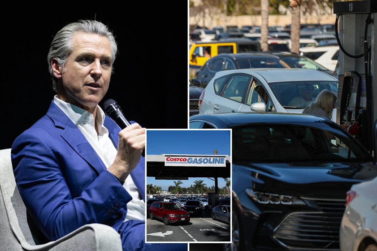 An image collage containing 3 images, Image 1 shows California Governor Gavin Newsom speaking into a microphone while seated on stage, Image 2 shows Drivers waiting in lines to pump gasoline into their vehicles at a gas station, Image 3 shows Drivers pump gasoline into their vehicles at a gas station at the Marina Del Rey community of Los Angeles, California