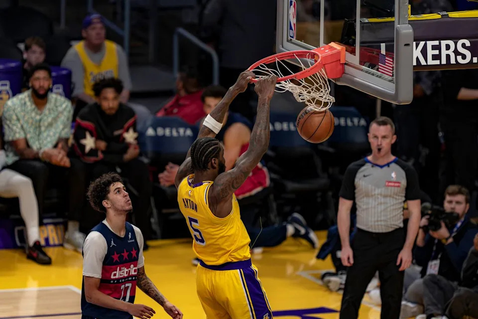 Los Angeles Lakers center Deandre Ayton (5) dunking during an NBA basketball game against the Washington Wizards on March 30th, 2026 in Los Angeles, CA.