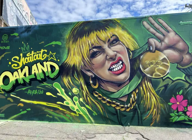A mural of Olympic figure skater, and Bay Area-born, Alysa Liu on the corner of 43rd St. and Telegraph Ave. in Oakland, Calif. on March 1, 2026.