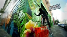 Mural artist Amanda Lynn touches up one of her murals in San Francisco’s SoMa District.