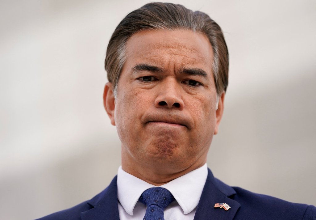 California Attorney General Rob Bonta reacts outside the U.S. Supreme Court.