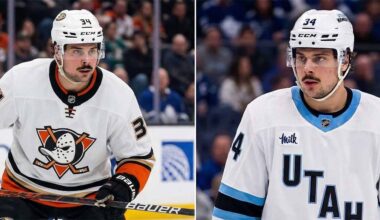 A split-screen concept image visualizing Toronto Maple Leafs captain Auston Matthews traded to two potential destinations: wearing an Anaheim Ducks white jersey (left) and a Utah Mammoth white jersey with "UTAH" text (right).