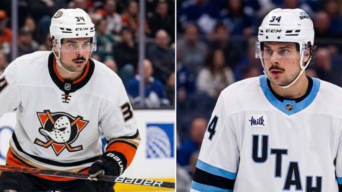 A split-screen concept image visualizing Toronto Maple Leafs captain Auston Matthews traded to two potential destinations: wearing an Anaheim Ducks white jersey (left) and a Utah Mammoth white jersey with "UTAH" text (right).