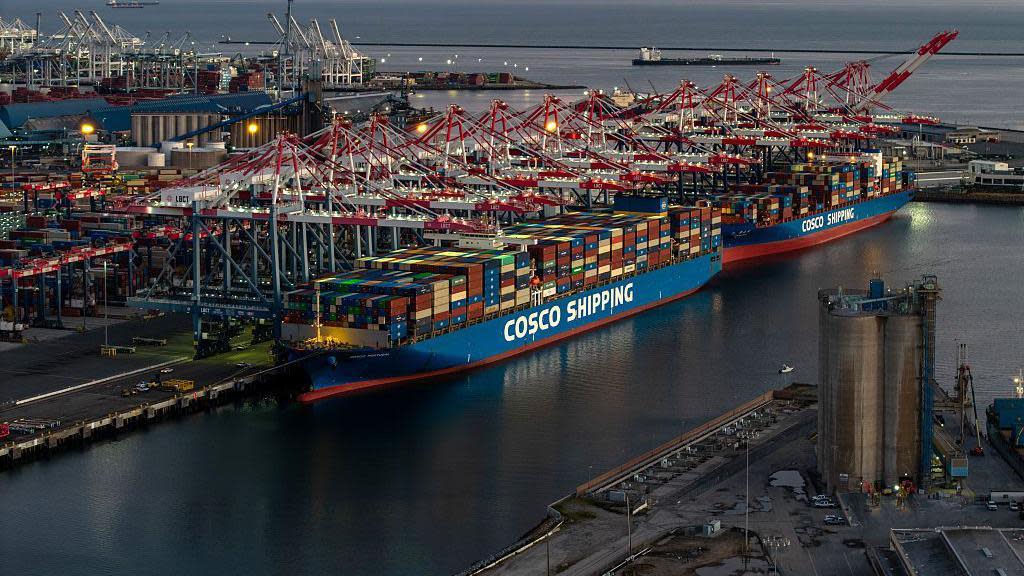 Container ships at the Port of Long Beach in Long Beach, California, US, on Friday, Feb. 20, 2026. President Donald Trump imposed a 10% global tariff on foreign goods, moving quickly to preserve his trade agenda after the US Supreme Court struck down many of the levies he imposed last year.