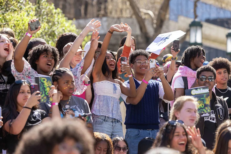 Students, many from the Oakland School for the Arts, cheer during the Alysa Liu Celebration Rally at Frank Ogawa Plaza in front of Oakland City Hall in Oakland, Calif., on March 12, 2026. (Douglas Zimmerman/SFGATE)