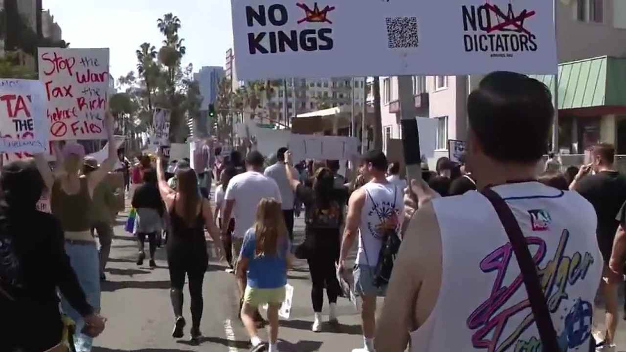 Protesters gather for Long Beach No Kings march