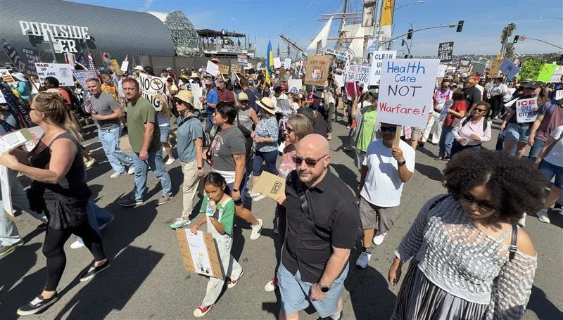 “No Kings” march taking place in downtown San Diego on March 28, 2026. (SkyFox/KUSI in the SKy)