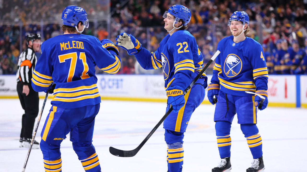 Quinn gets 1st NHL hat trick, Sabres top Sharks for 8th win in row