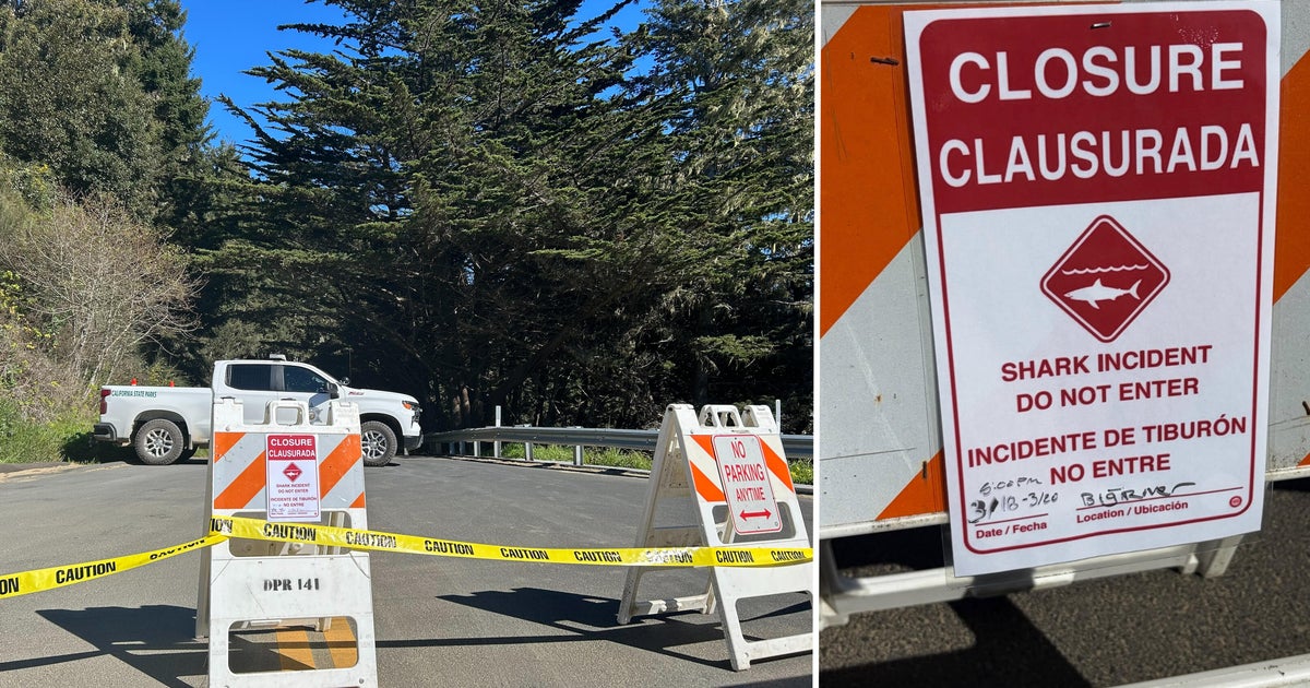 Big River Beach entrance closed, shark attack sign, Mendocino County