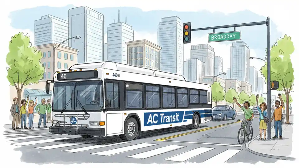 AC Transit bus on city street in Oakland with downtown buildings visible in background