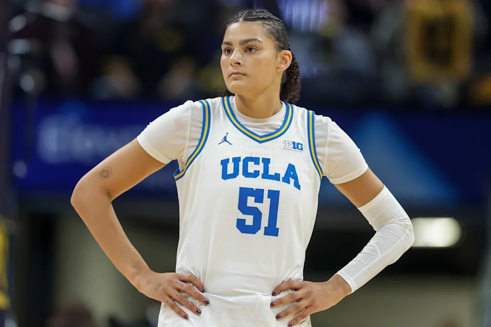 INDIANAPOLIS, INDIANA - MARCH 8: Lauren Betts #51 of the UCLA Bruins looks on during the game against the Iowa Hawkeyes in the Big Ten Women's Basketball Tournament Championship at Gainbridge Fieldhouse on March 8, 2026 in Indianapolis, Indiana.  (Photo by Michael Hickey/Getty Images)