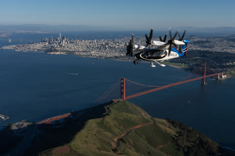 Joby’s aircraft flying past the Golden Gate Bridge - San Francisco, CA (Photo: Joby Aviation)
