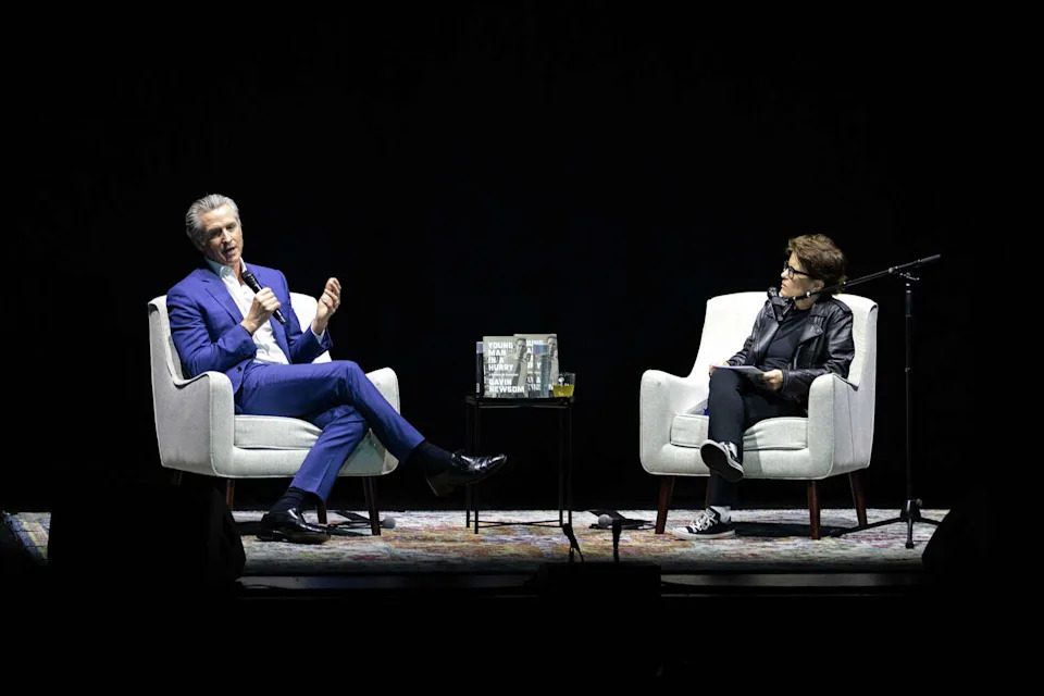 Gov. Gavin Newsom and journalist Kara Swisher discuss his new book "Young Man in a Hurry" at the Golden Gate Theatre in San Francisco, Feb. 28, 2026. (Manuel Orbegozo/For the S.F. Chronicle)