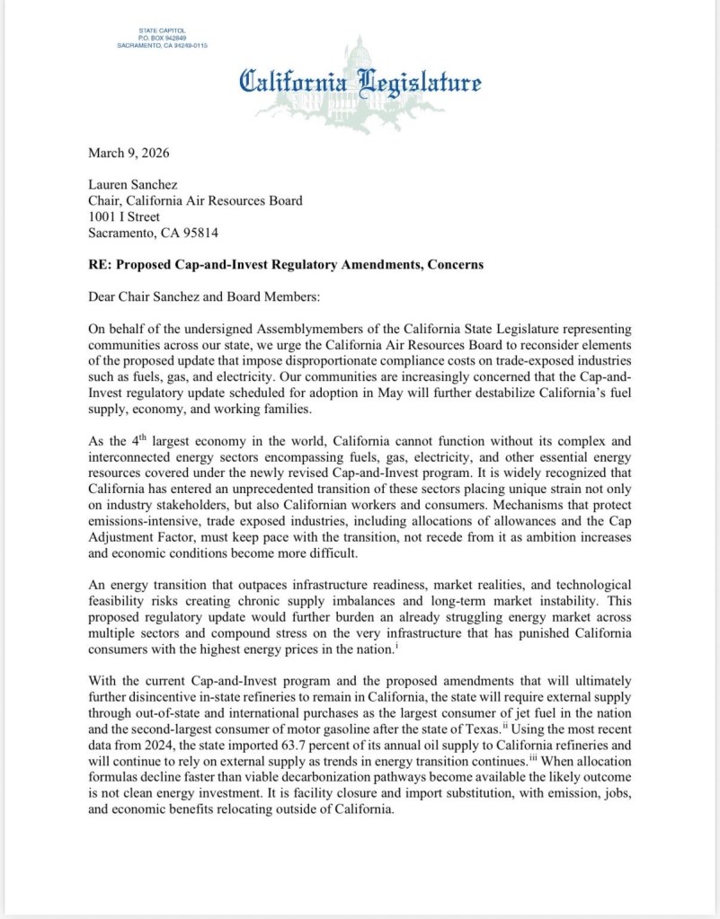 A letter from the California Legislature to the California Air Resources Board regarding proposed Cap-and-Invest regulatory amendments.