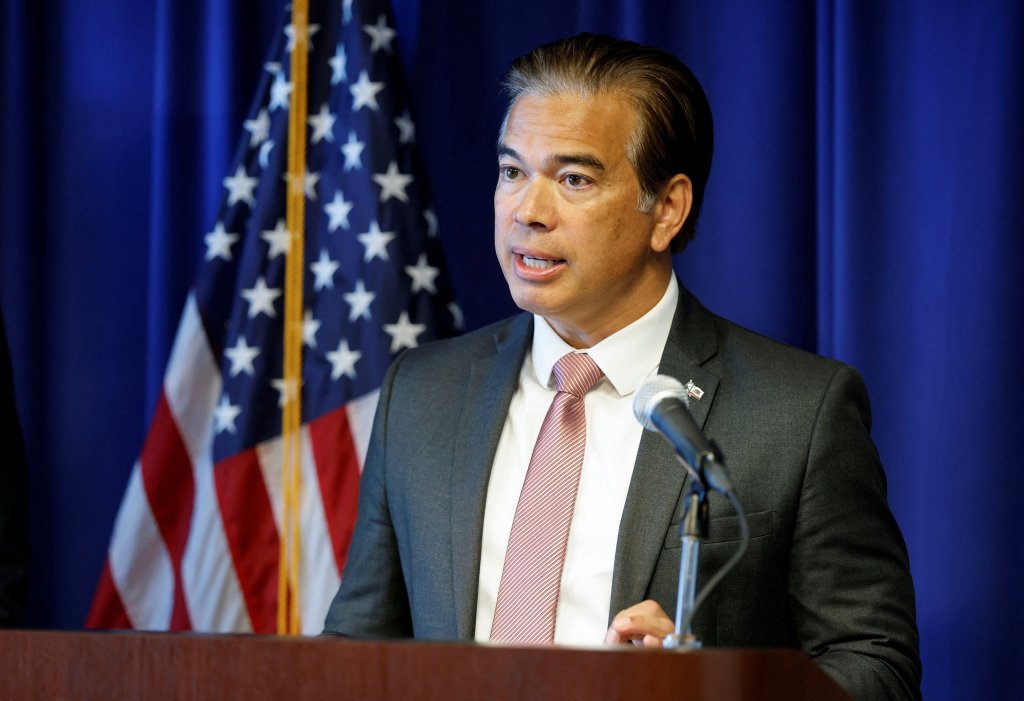 California Attorney General Rob Bonta speaking at a news conference.