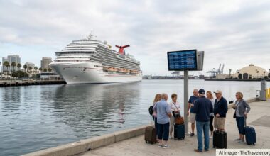 Carnival cruise ship at the Long Beach terminal with passengers on the pier under a muted coastal sky.