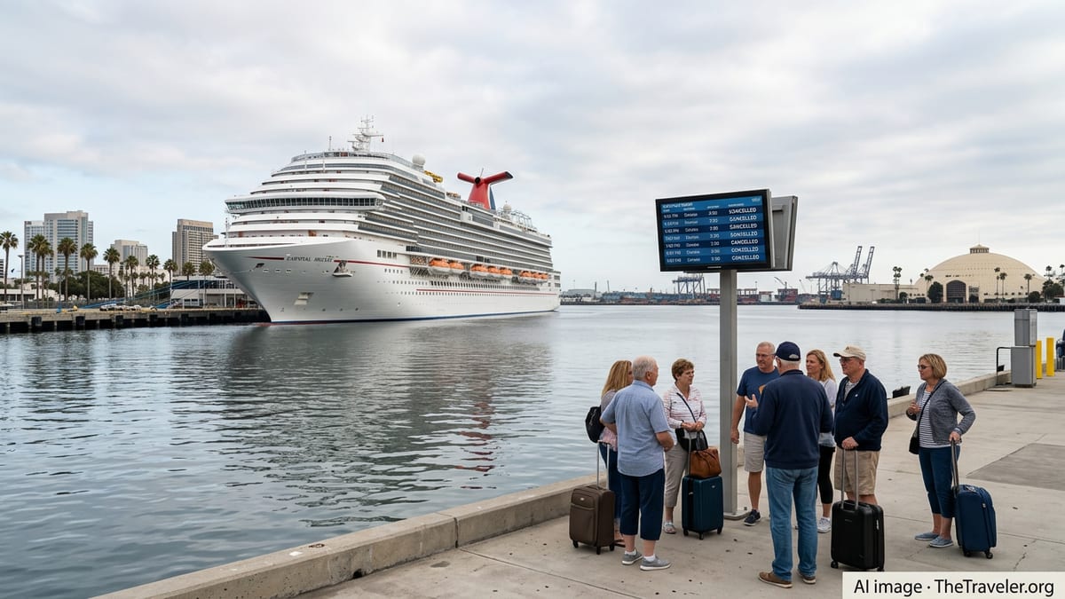 Carnival cruise ship at the Long Beach terminal with passengers on the pier under a muted coastal sky.