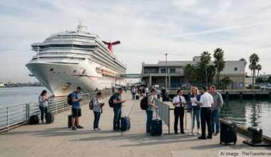Travelers with luggage outside a Carnival cruise ship in Long Beach after schedule changes.