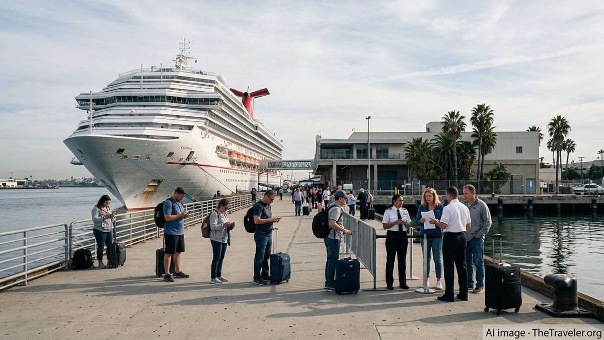 Travelers with luggage outside a Carnival cruise ship in Long Beach after schedule changes.