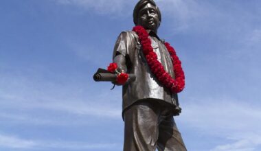 A bronze memorial honoring labor rights activist César Chávez stands in Fresno State’s Peace Garden on April 8, 2013.