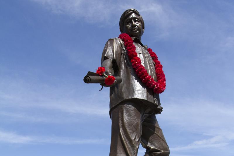 A bronze memorial honoring labor rights activist César Chávez stands in Fresno State’s Peace Garden on April 8, 2013.