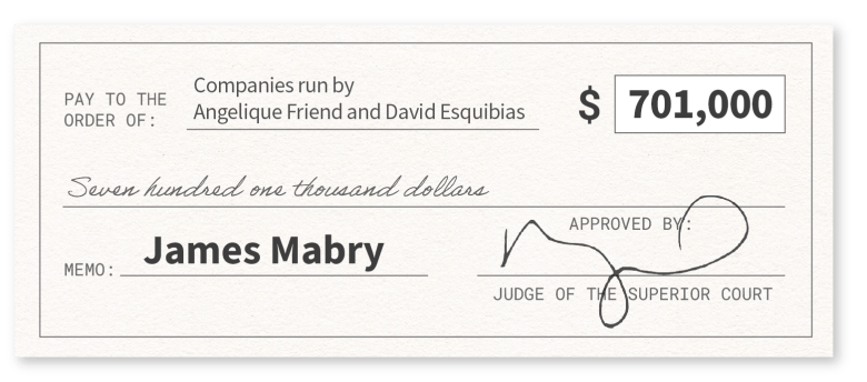 Graphic depiction of a check in the amount of $701,000, with the memo "James Mabry" paid to"Companies run by Angelique Friend and Esquibias," and approved by a judge of the superior court.