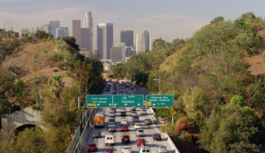 Aerial view of traffic driving to downtown Los Angeles, California, United States. (Photo by Getty Images)