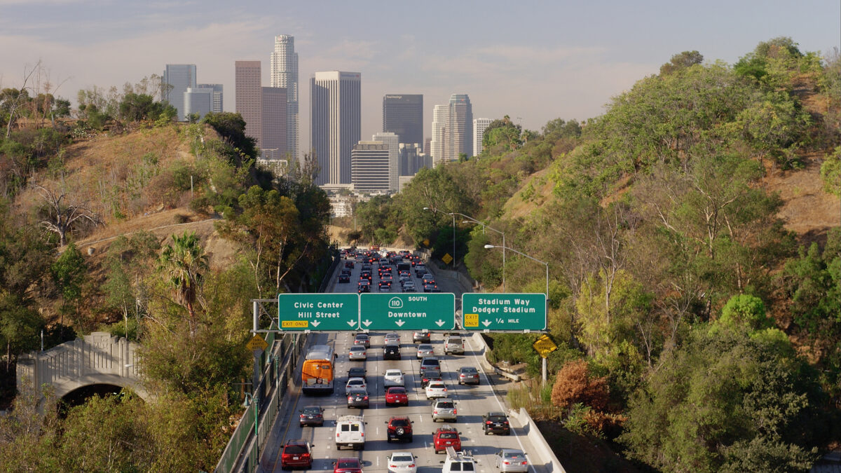 Aerial view of traffic driving to downtown Los Angeles, California, United States. (Photo by Getty Images)