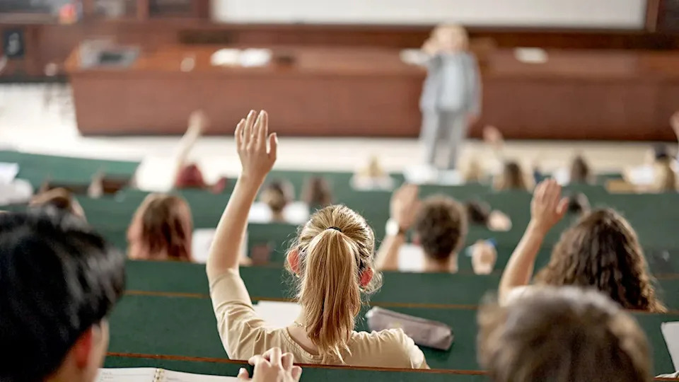 girl raises hand in classroom