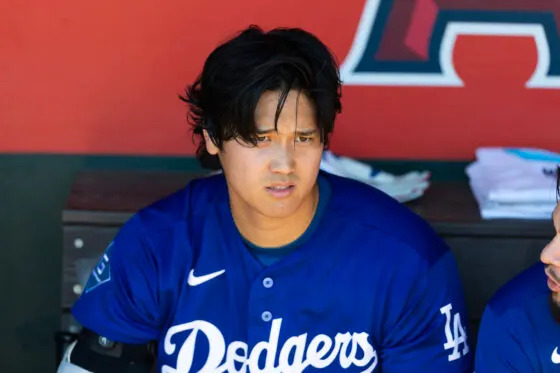 Feb 21, 2026; Tempe, Arizona, USA; Los Angeles Dodgers designated hitter Shohei Ohtani against the Los Angeles Angels during a spring training game at Tempe Diablo Stadium. Mandatory Credit: Mark J. Rebilas-Imagn Images