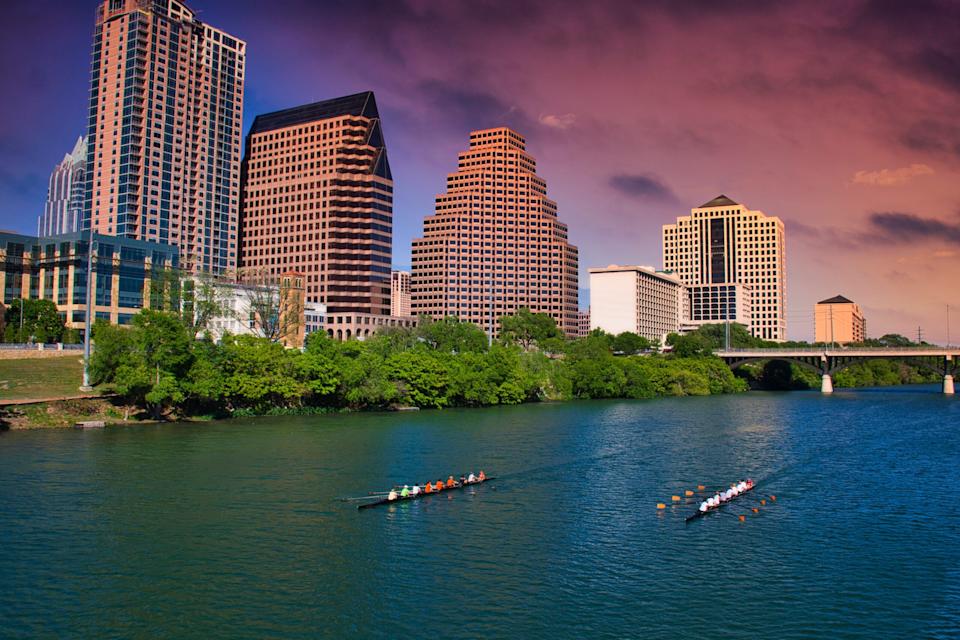View of the cityscape above Lady Bird Lake, Austin, Texas
