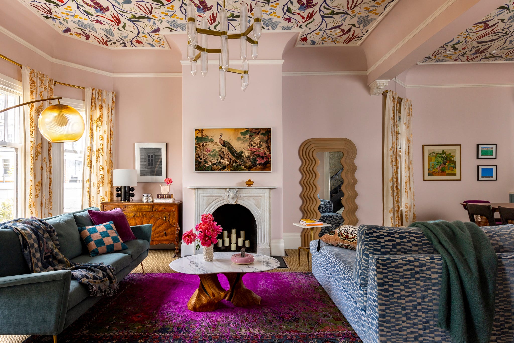 Stylish living room featuring colorful decor and furniture.