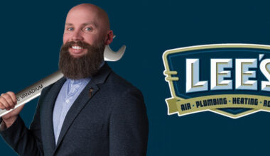 man holding a wrench next to a company logo for lee's air