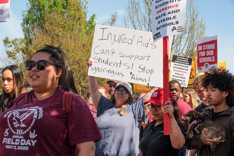 Teachers and parents led a rally at North Natomas Regional Park on March 10, 2026. The rally marked the first day of Natomas teachers going on strike for better pay and smaller class sizes. Ruth Finch/CapRadio