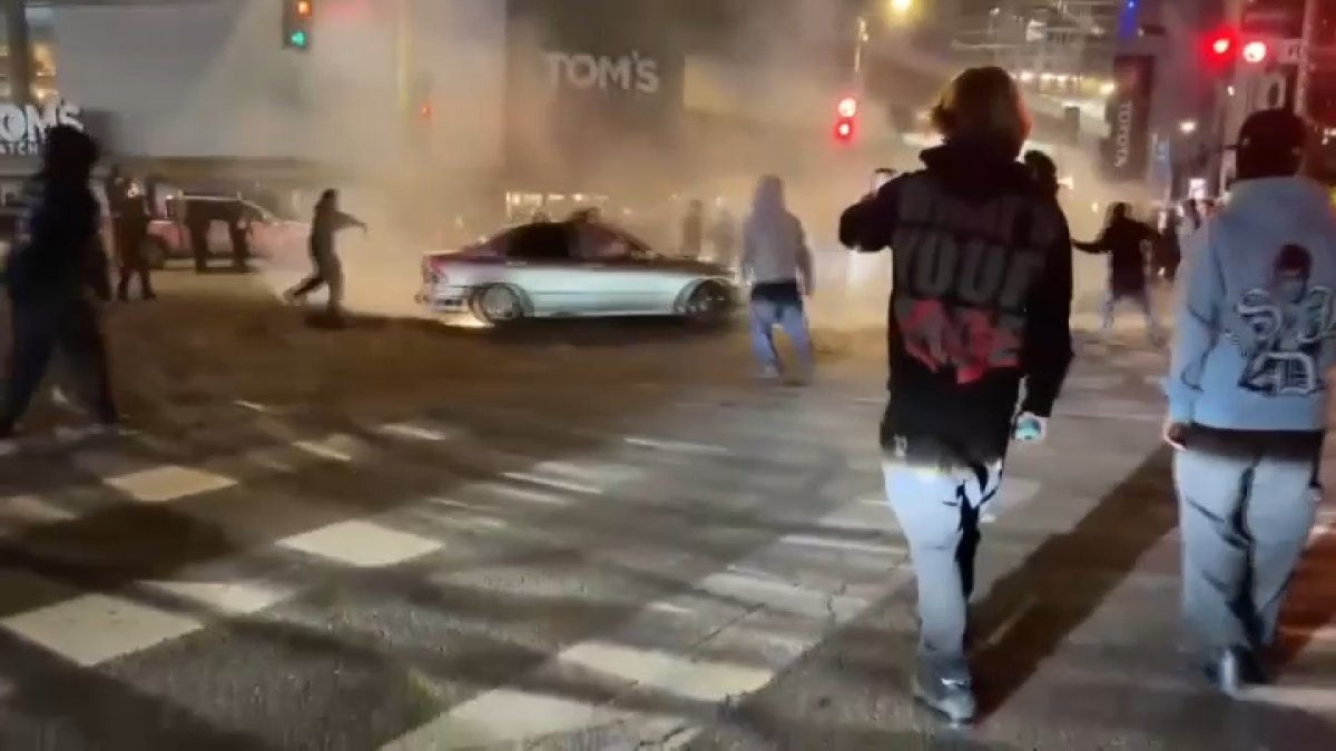 1 injured, 1 arrested after street takeover in downtown LA – NBC Los Angeles