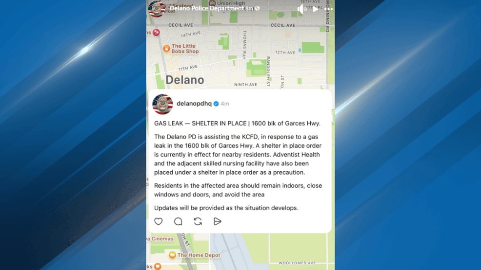 {p}A shelter-in-place order is currently in effect due to a gas leak on Garces Highway, near Adventist Health - Delano Tuesday morning. PHOTO: Delano PD{/p}