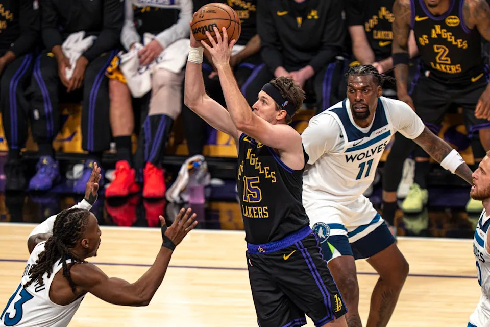 Los Angeles Lakers guard Austin Reaves (15) shooting for two points during an NBA basketball game against the Minnesota Timberwolves on March 10th, 2026 in Los Angeles, CA.