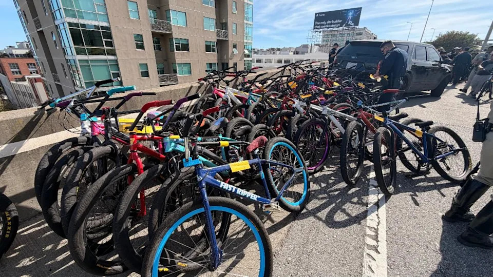 Bicycles that were seized by California Highway Patrol and the San Francisco Police Department officers after they detained 85 people who attempted to enter the San Francisco – Oakland Bay Bridge on Saturday, March 28, 2026, in San Francisco, CA.