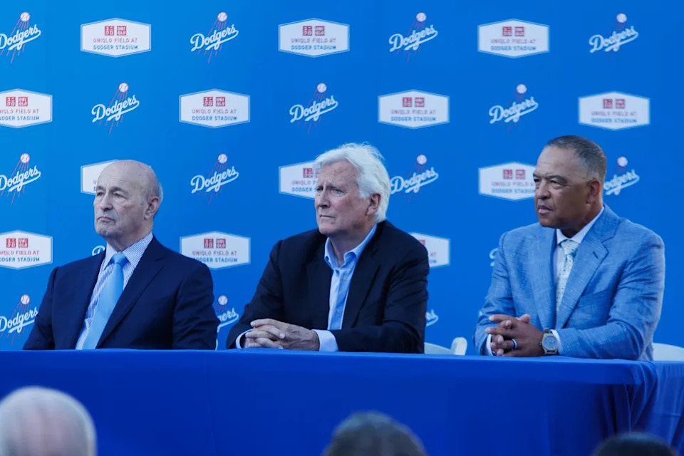 Los Angeles Dodgers representatives listen during a UNIQLO partnership press conference on March 25, 2026 in Los Angeles, California.