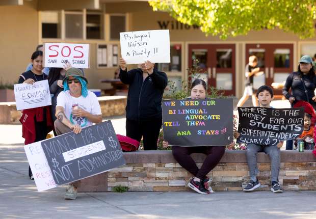 Oak Grove school district teachers and parents gathered before a board meeting at Willowside Middle School to protest the firing of the tiny districts only bilingual interpreter Wednesday, May 8, 2024. (Photo by John Burgess/The Press Democrat)