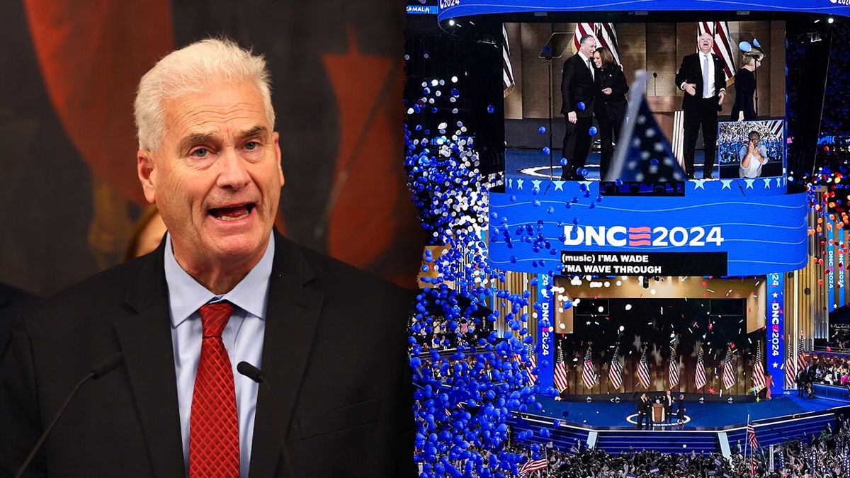 A split image of Tom Emmer and DNC convention
