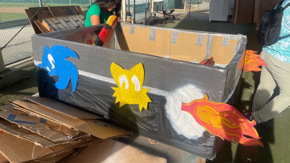 One of the cardboard boats that will be participating in the competition. This one is "sonic-themed" and some of the cardboard pieces was used at last years Engineering Day. PHOTO: KBAK/KBFX{p}{/p}