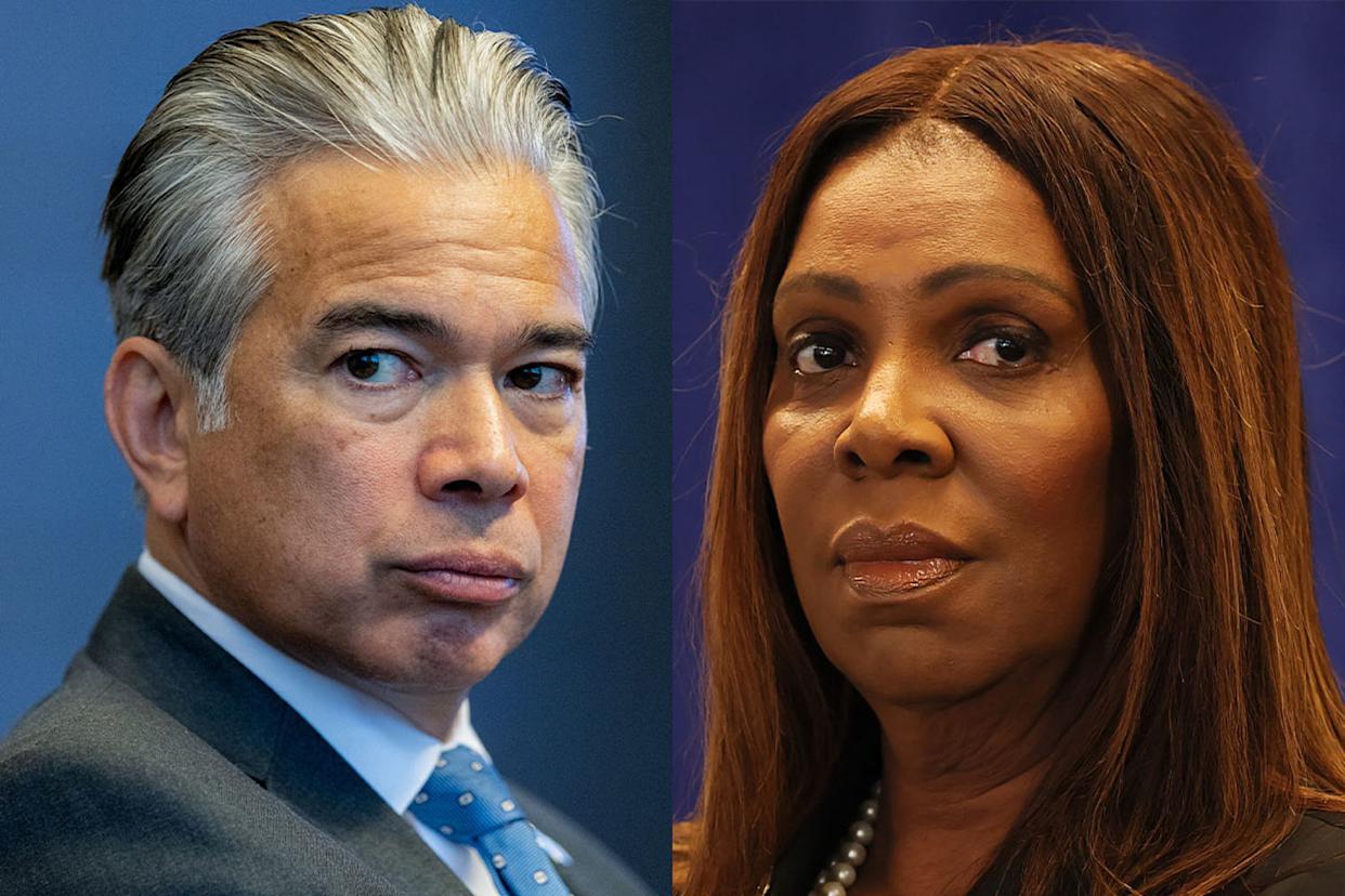Rob Bonta, attorney general for California, and Letitia James, attorney general for New York. (Bloomberg; Getty Images)