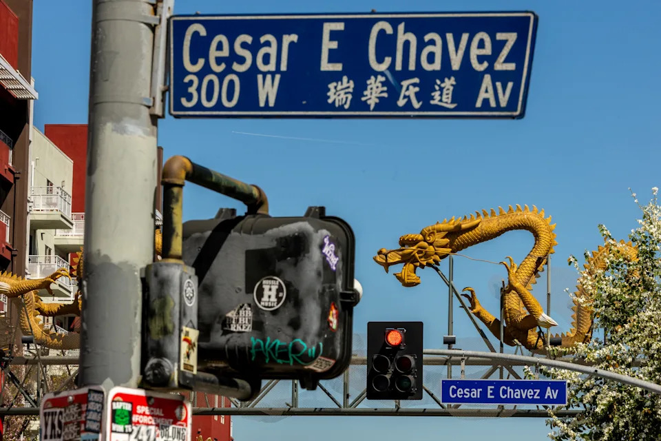 A street named after Cesar Chavez is seen in downtown Los Angeles on March 18.